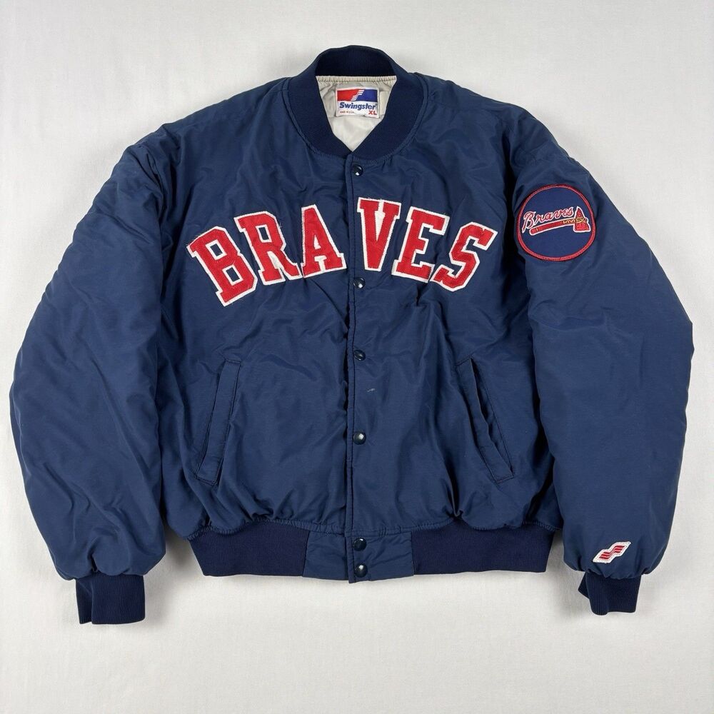 Vintage 90s Atlanta Braves Swingster Bomber Jacket Navy Blue Mens XL Made In USA